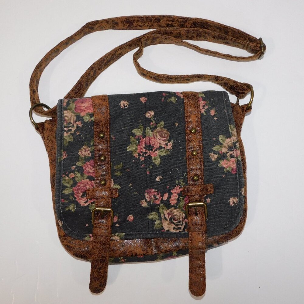 VTG look Black Canvas floral Messenger bag faux Brown Worn Leather Small